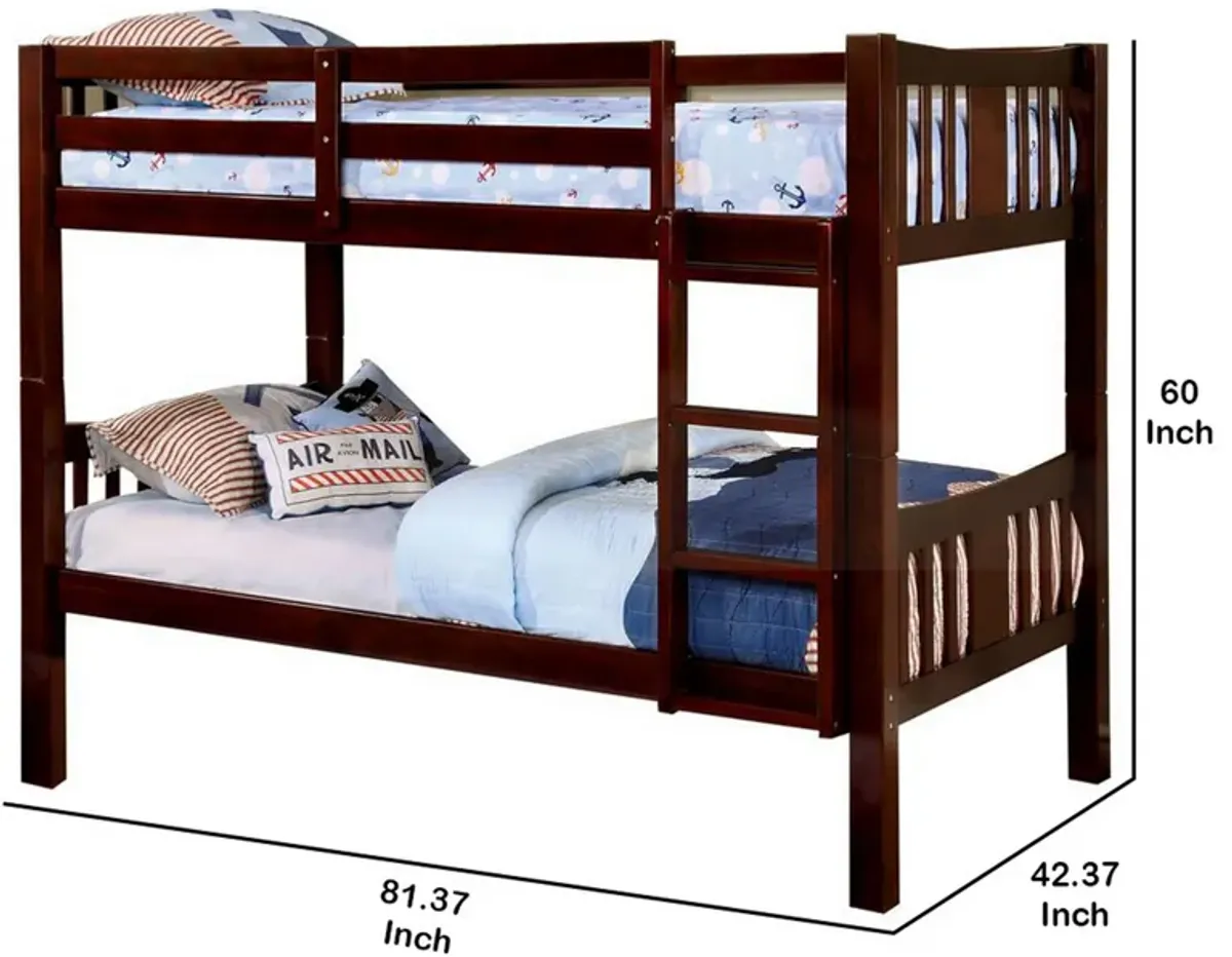 Slatted Twin Over Twin Bunk Bed with Attached Ladder, Espresso Brown-Benzara