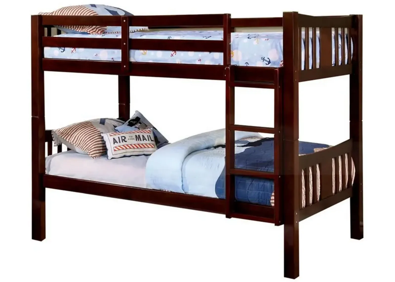 Slatted Twin Over Twin Bunk Bed with Attached Ladder, Espresso Brown-Benzara