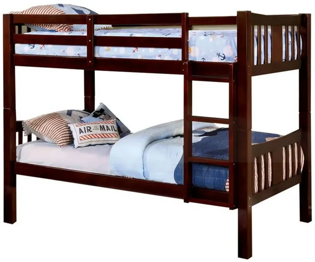 Slatted Twin Over Twin Bunk Bed with Attached Ladder, Espresso Brown-Benzara