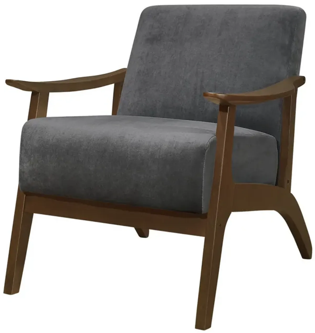 Rica 32 Inch Accent Armchair, Curved, Dark Gray Velvet, Brown Solid Wood - Benzara