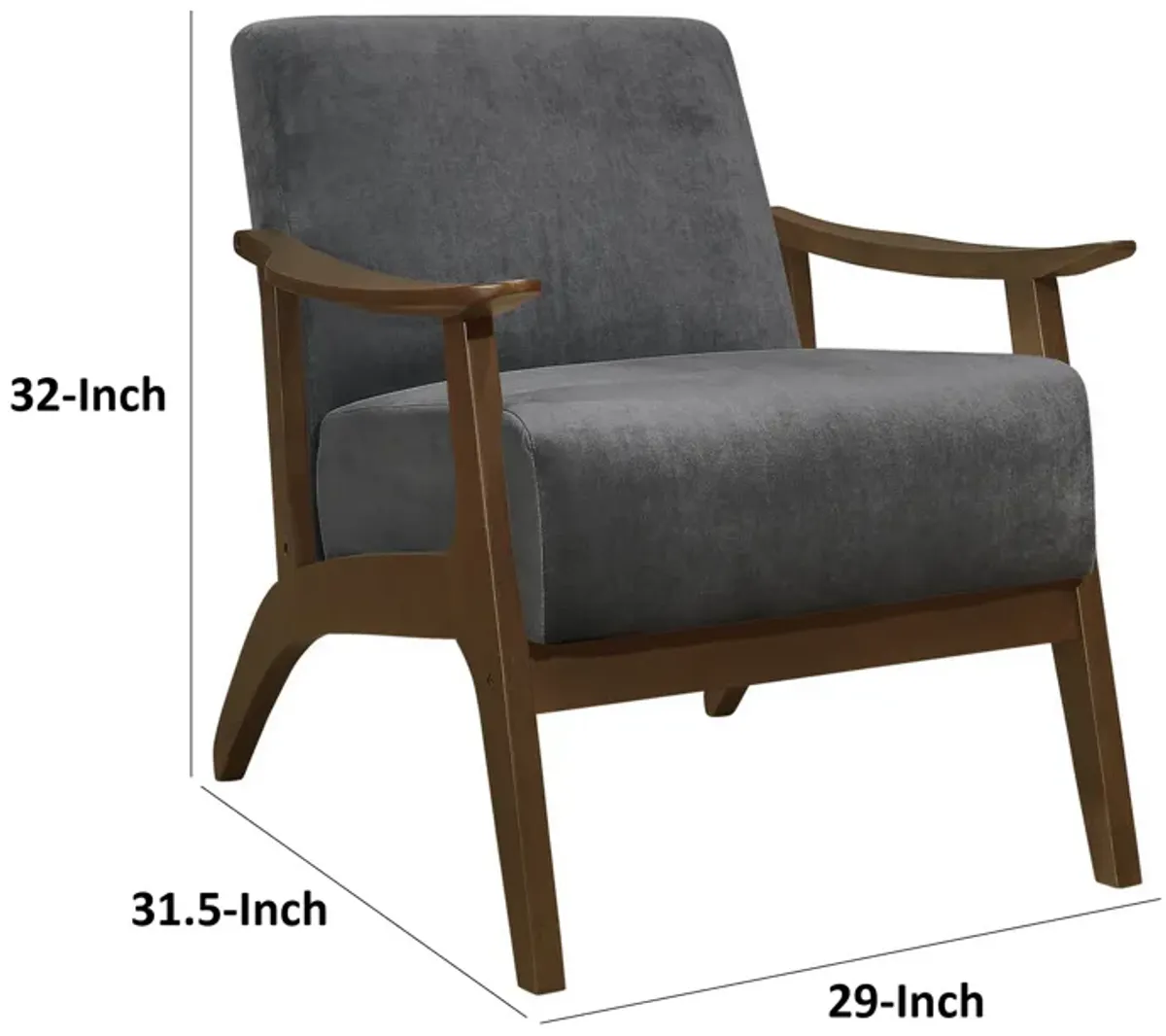 Rica 32 Inch Accent Armchair, Curved, Dark Gray Velvet, Brown Solid Wood - Benzara