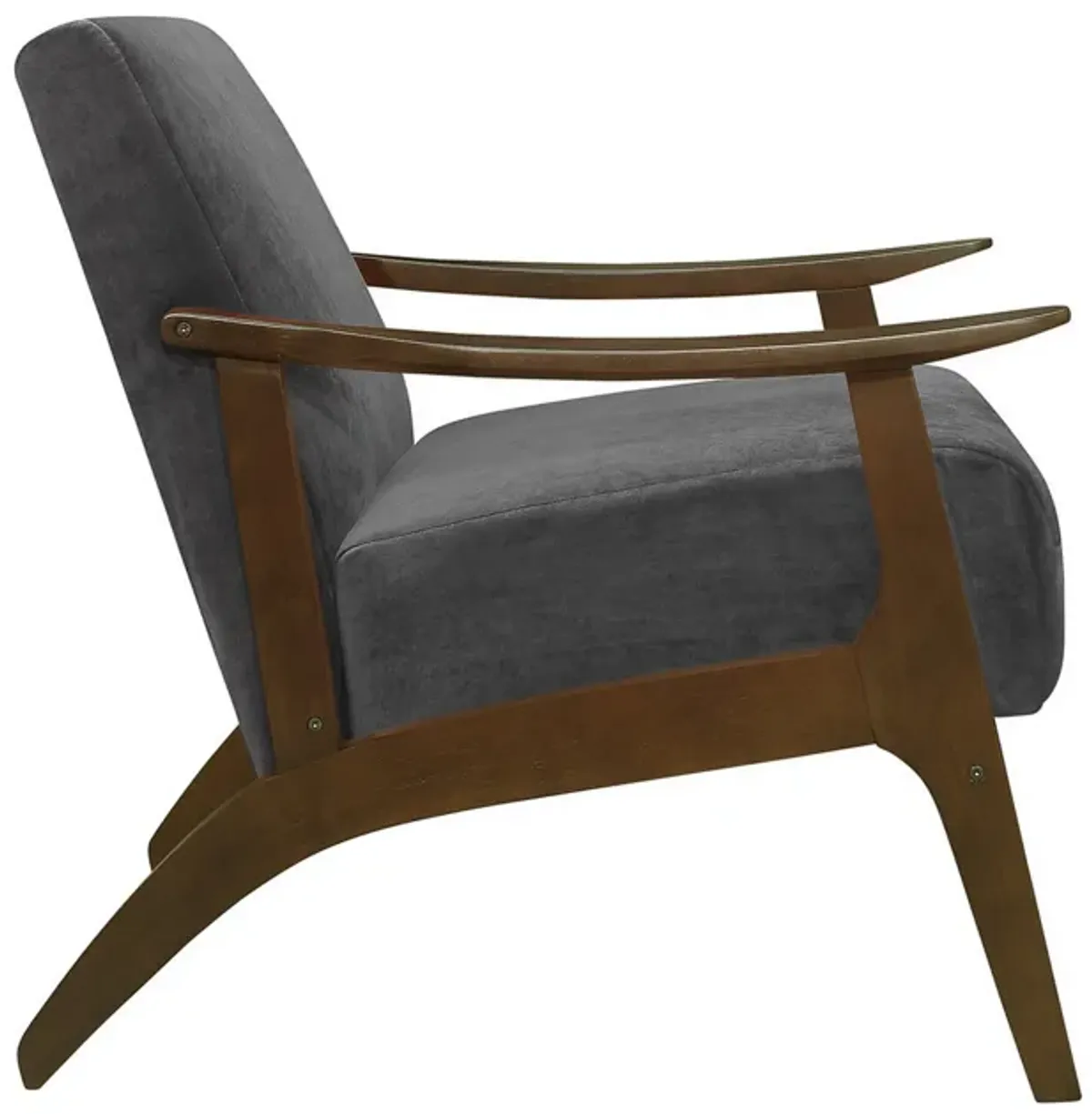 Rica 32 Inch Accent Armchair, Curved, Dark Gray Velvet, Brown Solid Wood - Benzara