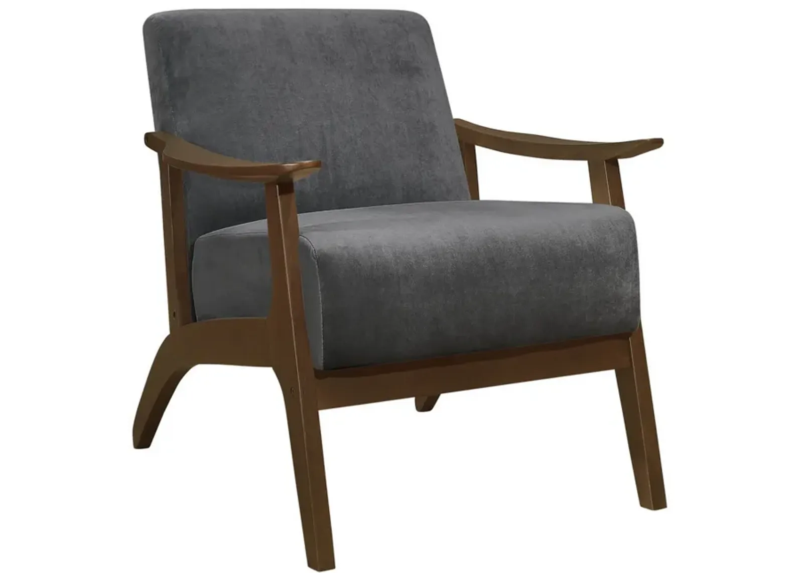 Rica 32 Inch Accent Armchair, Curved, Dark Gray Velvet, Brown Solid Wood - Benzara