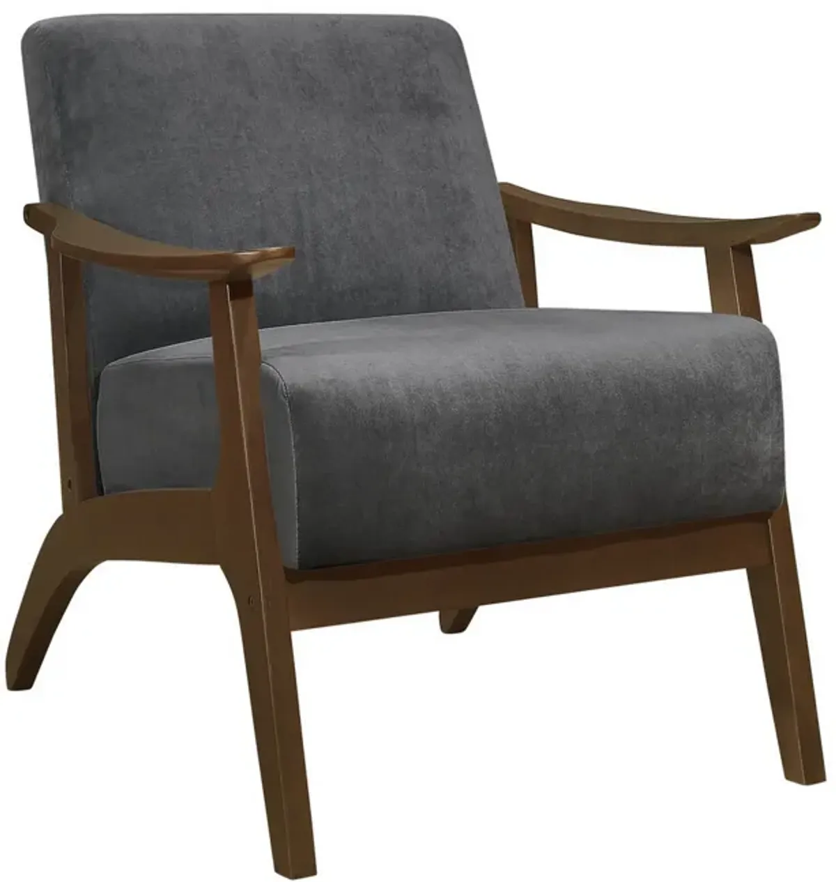 Rica 32 Inch Accent Armchair, Curved, Dark Gray Velvet, Brown Solid Wood - Benzara