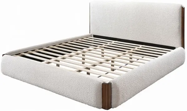 Fedro King Bed, Low Profile, White Boucle Upholstery, Walnut Brown - Benzara