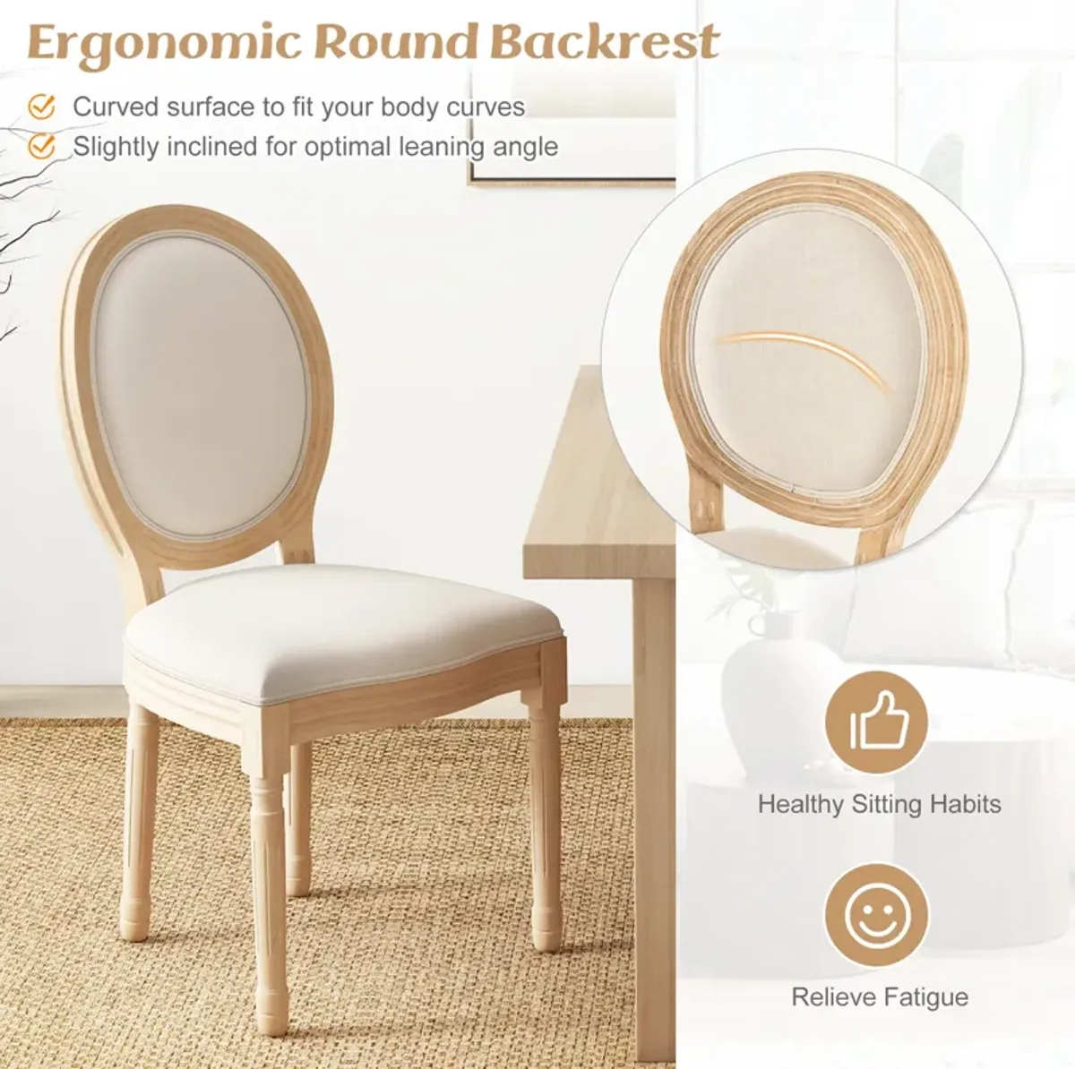 Rubber Wood Kitchen French Dining Chair Set of 2 with Sponge Padding and Round Backrest