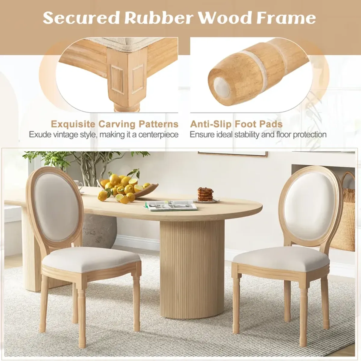 Rubber Wood Kitchen French Dining Chair Set of 2 with Sponge Padding and Round Backrest