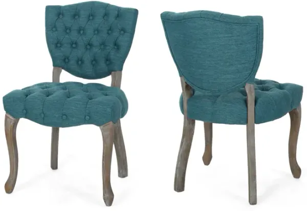 Dining Chair Set of 2, Button Tufted Teal Fabric Design, Rubberwood - Benzara