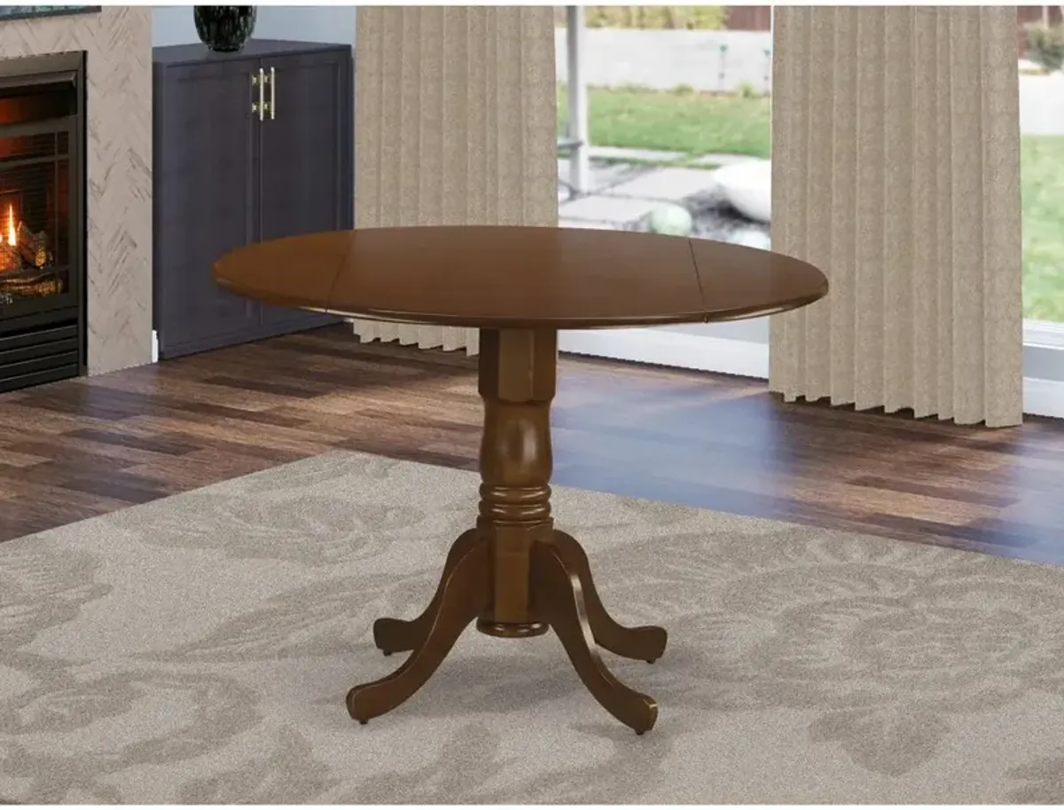 East West Furniture Dublin  Round  Table  with  two  9  Drop  Leaves  in  Saddle  Brown  Finish