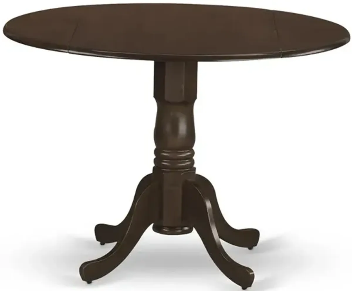 East West Furniture Dublin  Round  Table  with  two  9  Drop  Leaves  in  Saddle  Brown  Finish