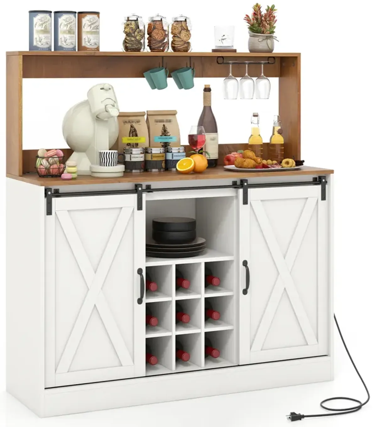 Farmhouse Coffee Bar Cabinet with Charging Station and Sliding Barn Doors