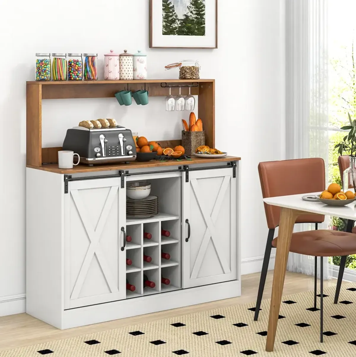 Farmhouse Coffee Bar Cabinet with Charging Station and Sliding Barn Doors