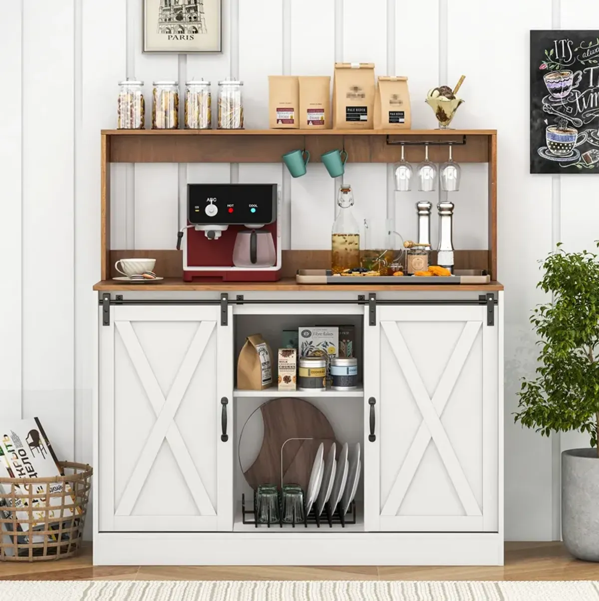 Farmhouse Coffee Bar Cabinet with Charging Station and Sliding Barn Doors