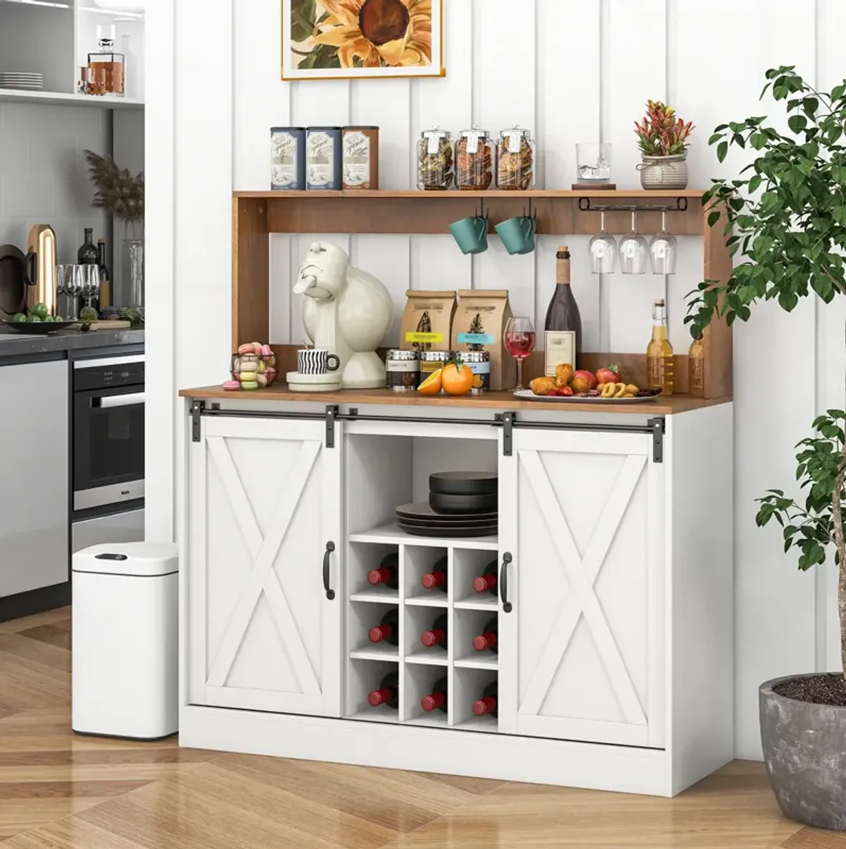 Farmhouse Coffee Bar Cabinet with Charging Station and Sliding Barn Doors