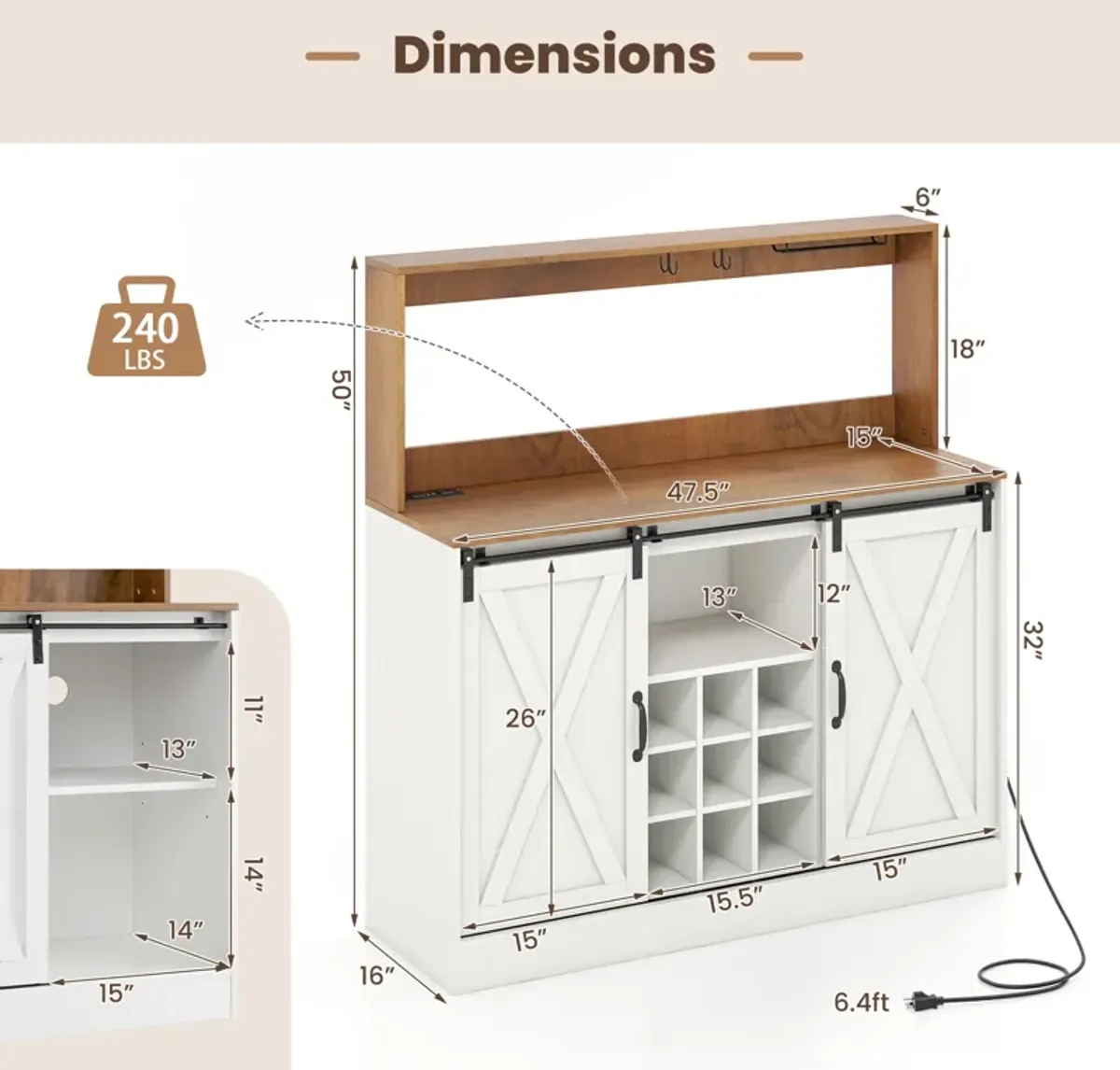 Farmhouse Coffee Bar Cabinet with Charging Station and Sliding Barn Doors