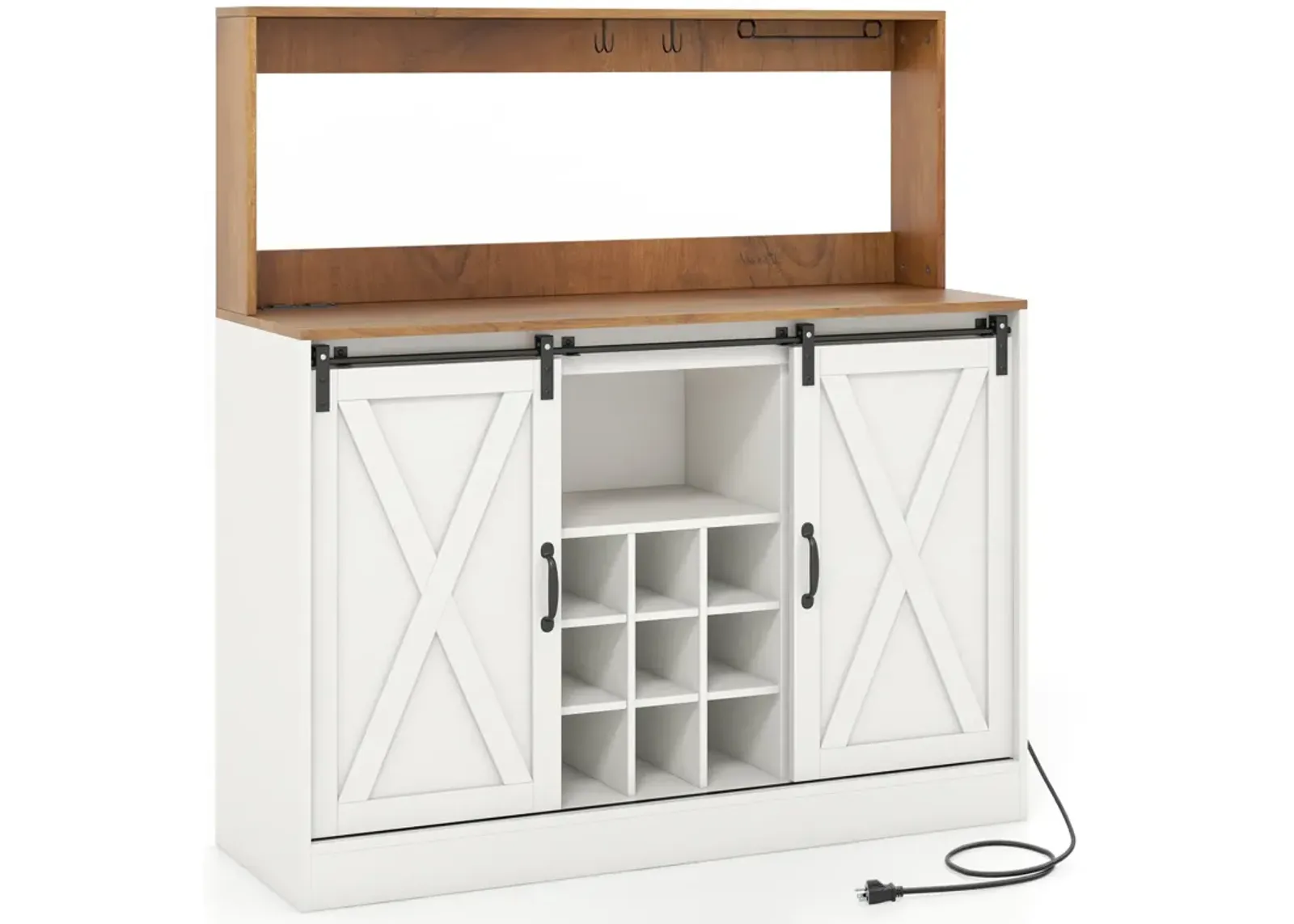 Farmhouse Coffee Bar Cabinet with Charging Station and Sliding Barn Doors