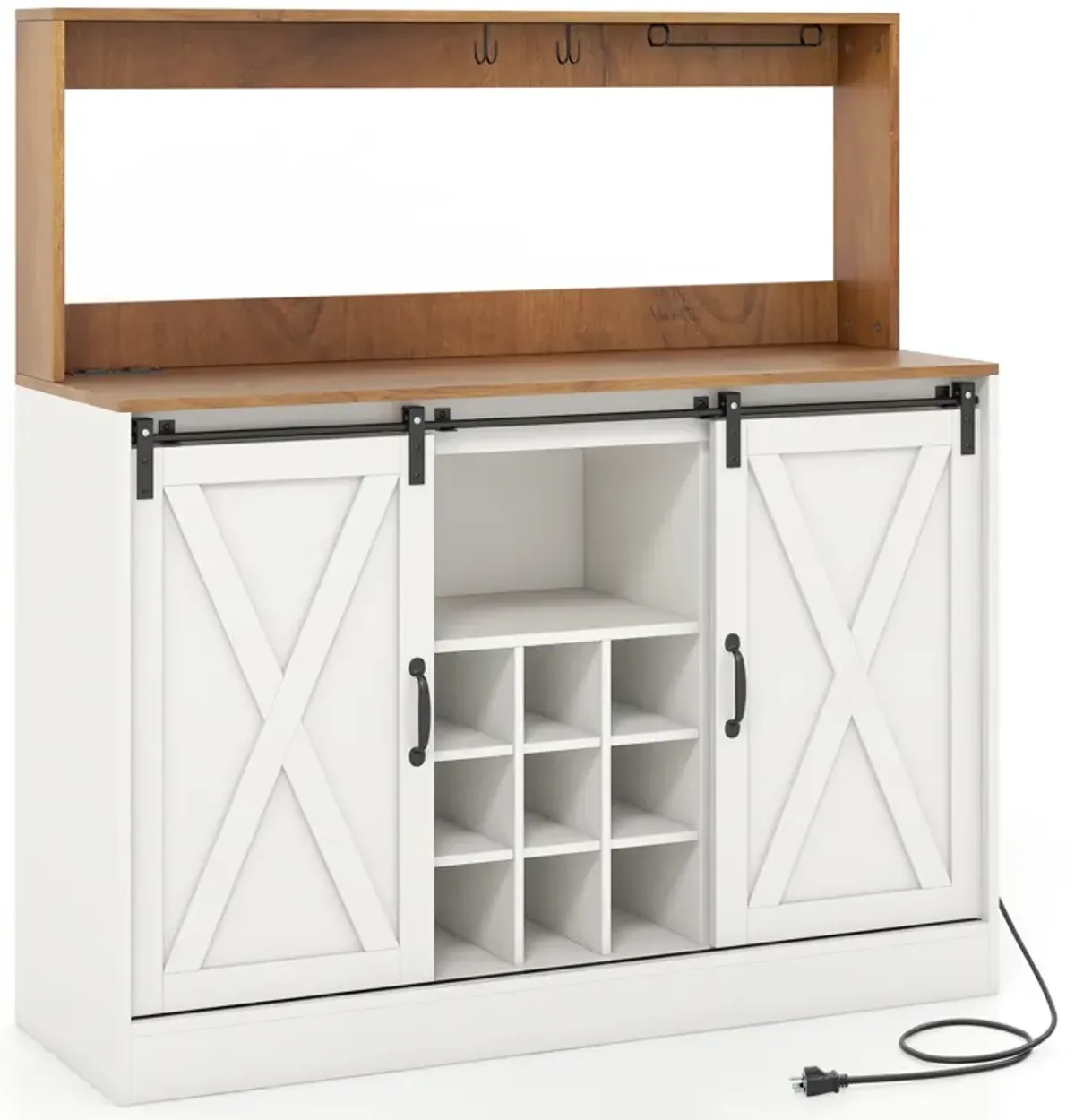 Farmhouse Coffee Bar Cabinet with Charging Station and Sliding Barn Doors