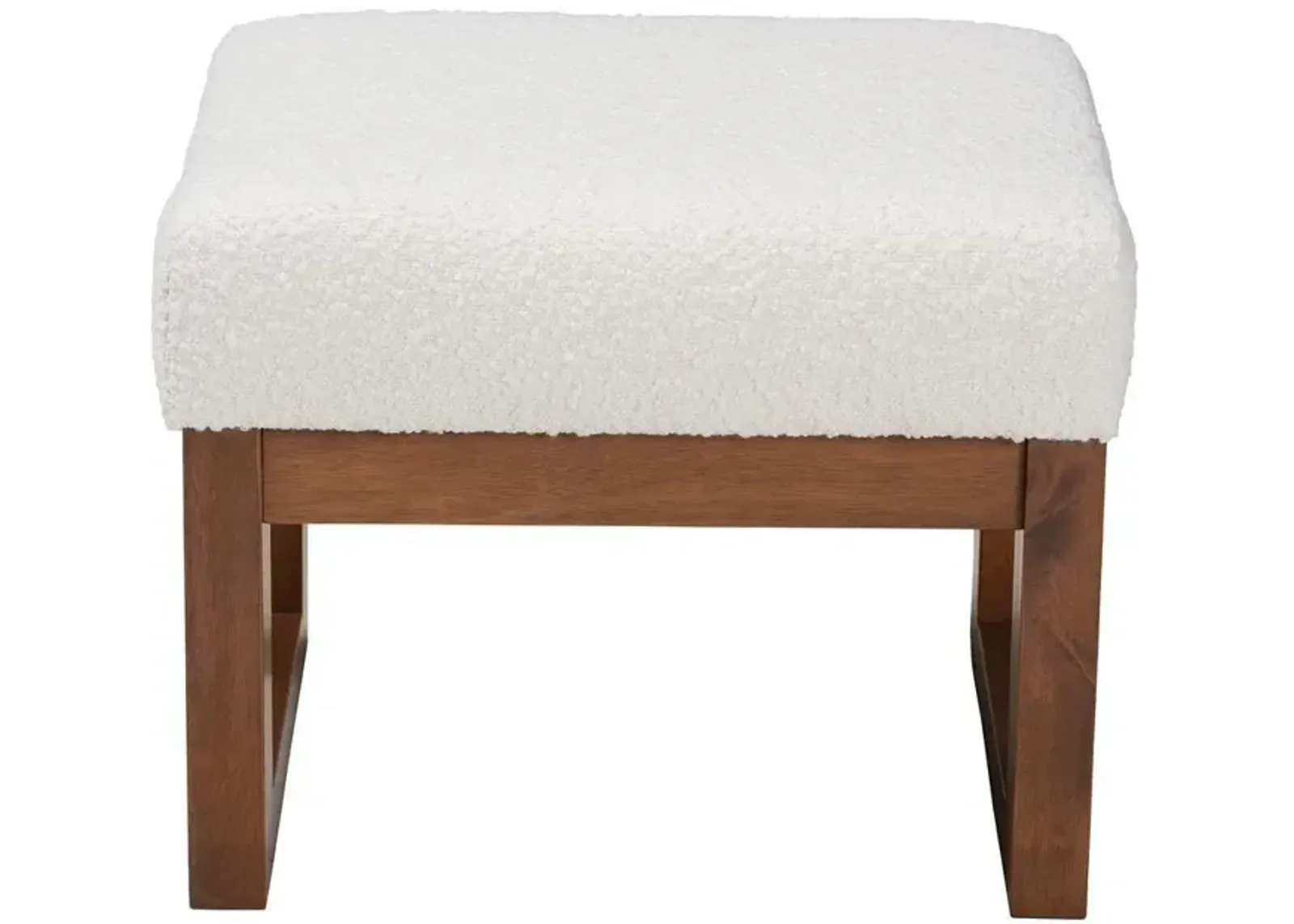 Off-White Boucle Upholstered and Walnut Brown Finished Wood Ottoman Footstool