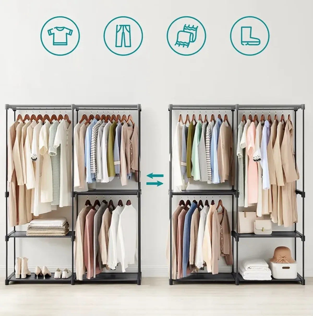 Adjustable Freestanding Closet Organizer with Hanging Rods for Efficient Wardrobe Management