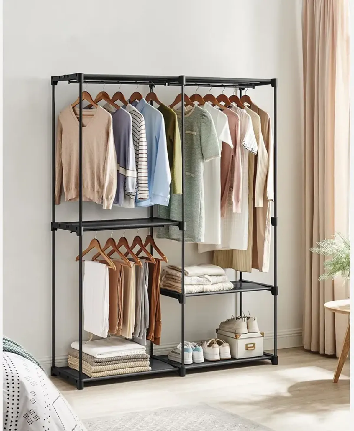 Adjustable Freestanding Closet Organizer with Hanging Rods for Efficient Wardrobe Management