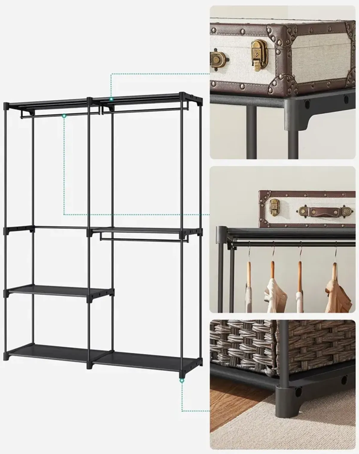 Adjustable Freestanding Closet Organizer with Hanging Rods for Efficient Wardrobe Management