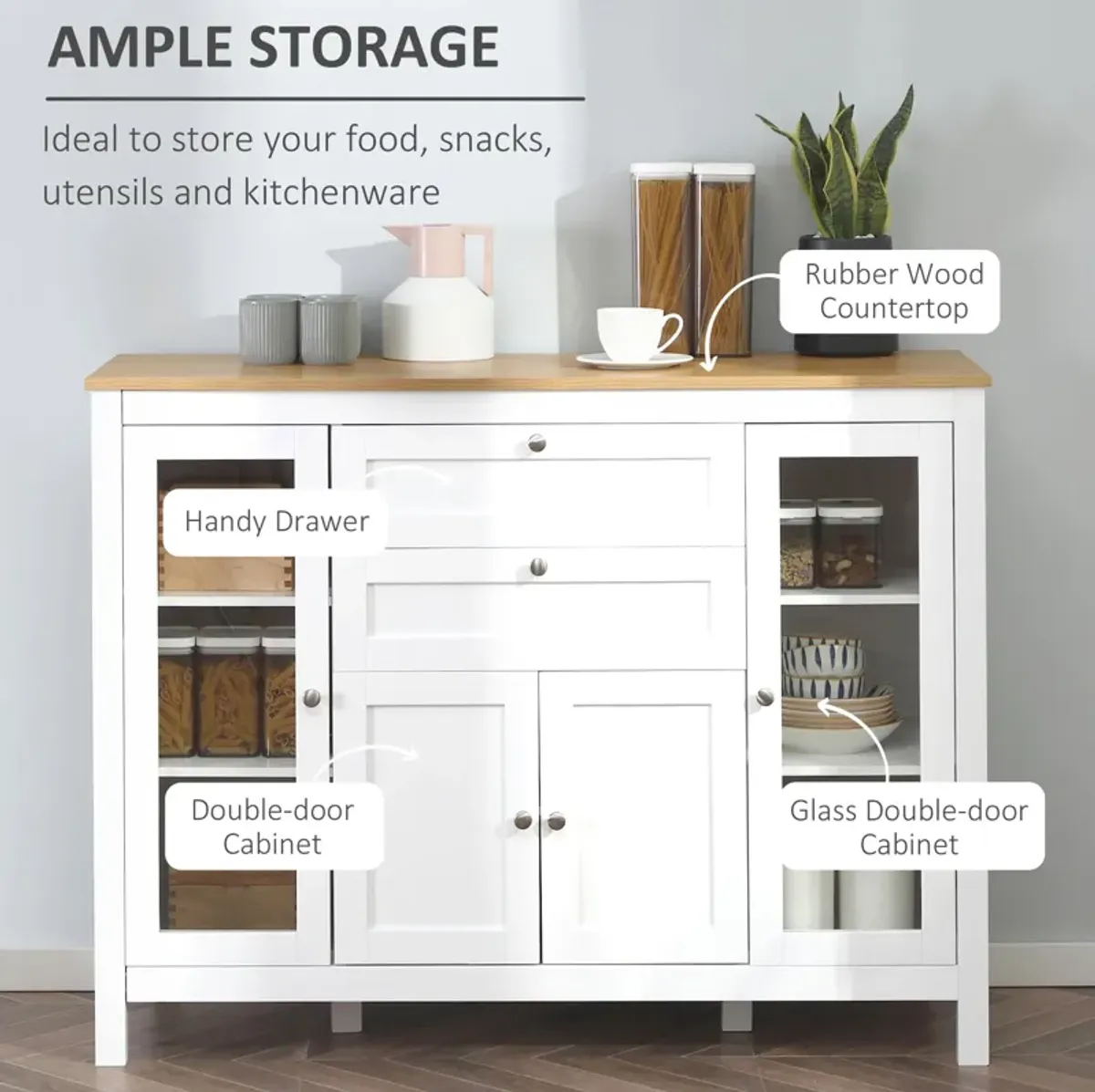 Oak/White Dining Storage: Modern Buffet with Glass Doors and Drawers