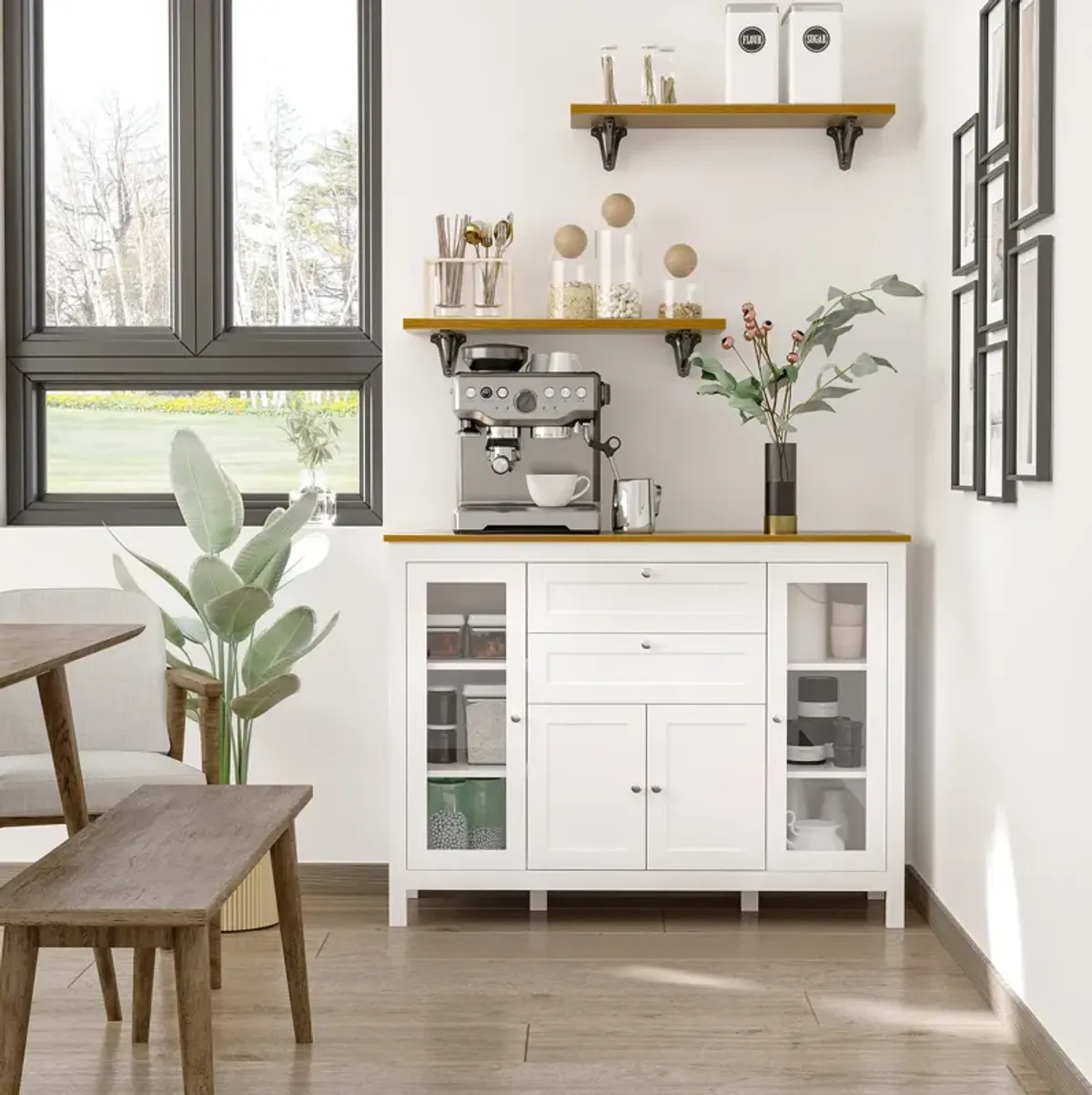 Oak/White Dining Storage: Modern Buffet with Glass Doors and Drawers