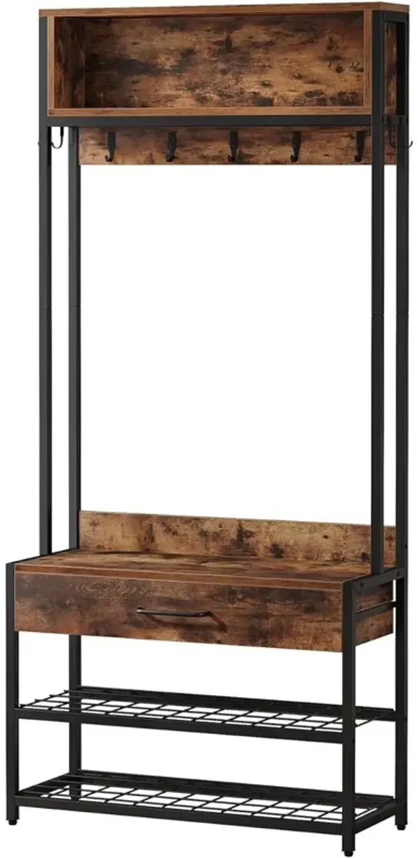 Tribesigns 3-in-1 Entryway Hall Tree with Drawer, Vintage Industrial Coat Rack with Shoe Bench and Hutch, Mudroom Bench with Shoe Storage Rack and 9 Hooks for Living Room Bedroom (Brown)
