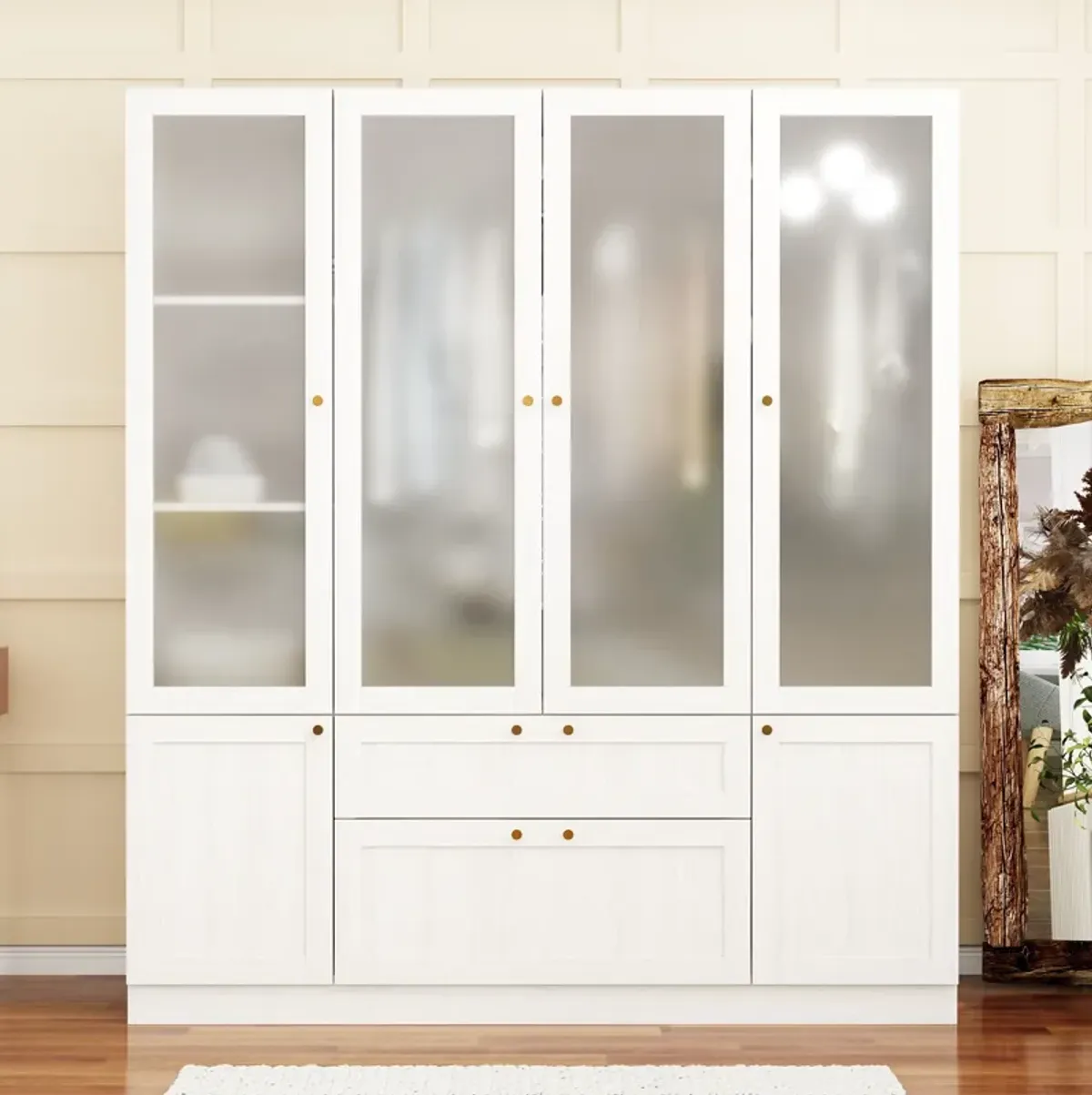 Beige Wood Grain 63 in. W Frosted Glass Doors Armoires with Hanging Rods, Drawers and Shelves 70.9 in. H x 19.7 in. D