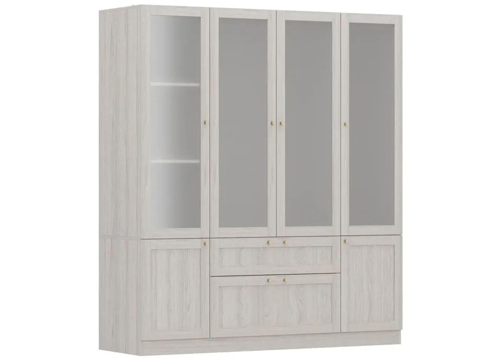 Beige Wood Grain 63 in. W Frosted Glass Doors Armoires with Hanging Rods, Drawers and Shelves 70.9 in. H x 19.7 in. D