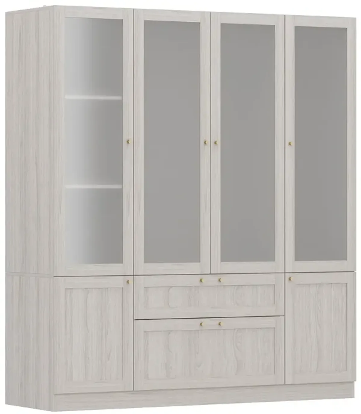 Beige Wood Grain 63 in. W Frosted Glass Doors Armoires with Hanging Rods, Drawers and Shelves 70.9 in. H x 19.7 in. D