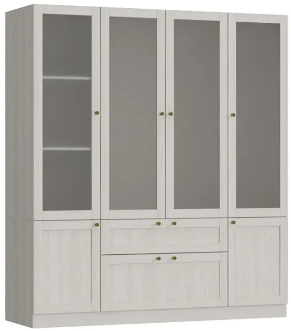 FUFU&GAGA Wood Grain 63 in. W Frosted Glass Doors Armoires with Hanging Rods, Drawers and Shelves, (70.9 in. H x 63 in. W x 19.7 in. D), Beige