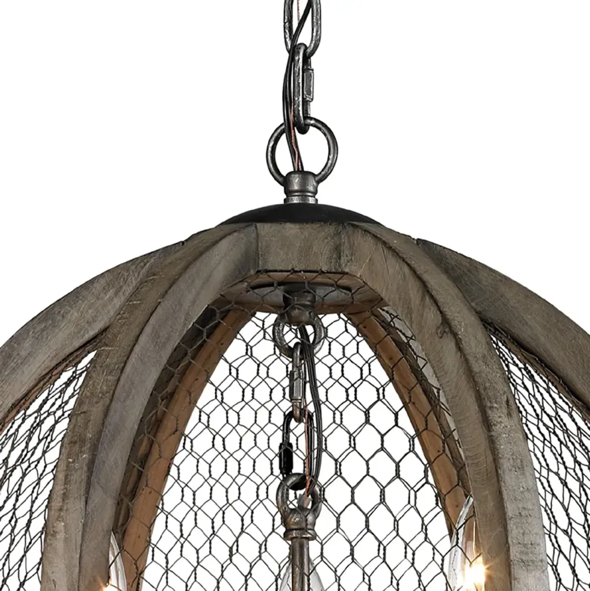 21" Aged Wood and Bronze Wired Mesh 3-Light Round Chandelier