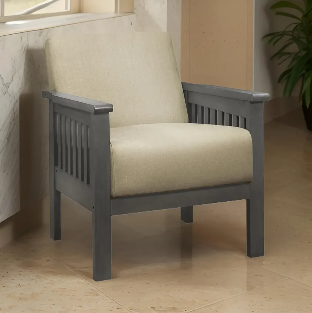 Wiston 31 Inch Accent Chair Armchair, Beige Polyester, Dark Gray Solid Wood - Benzara