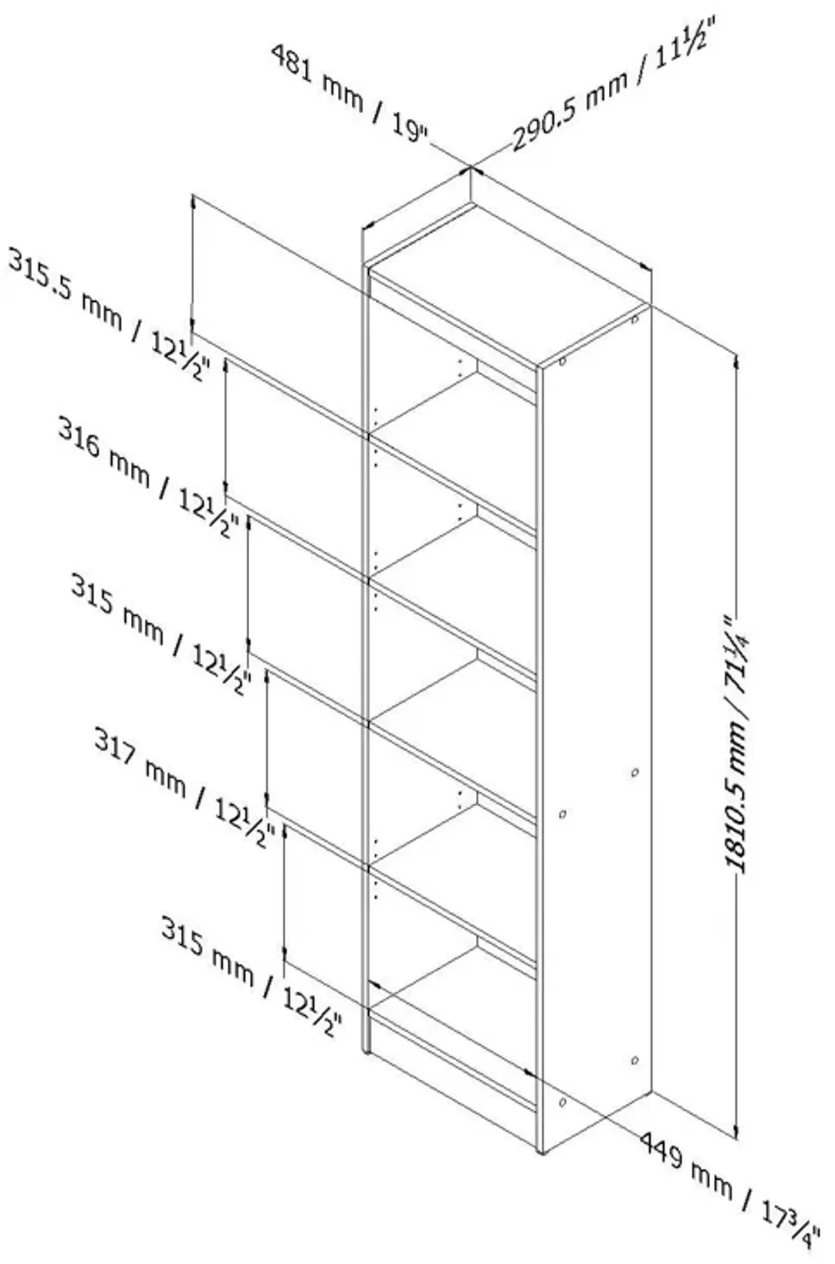 Hivvago 5 Shelf Narrow Bookcase Storage Shelves in White Wood Finish