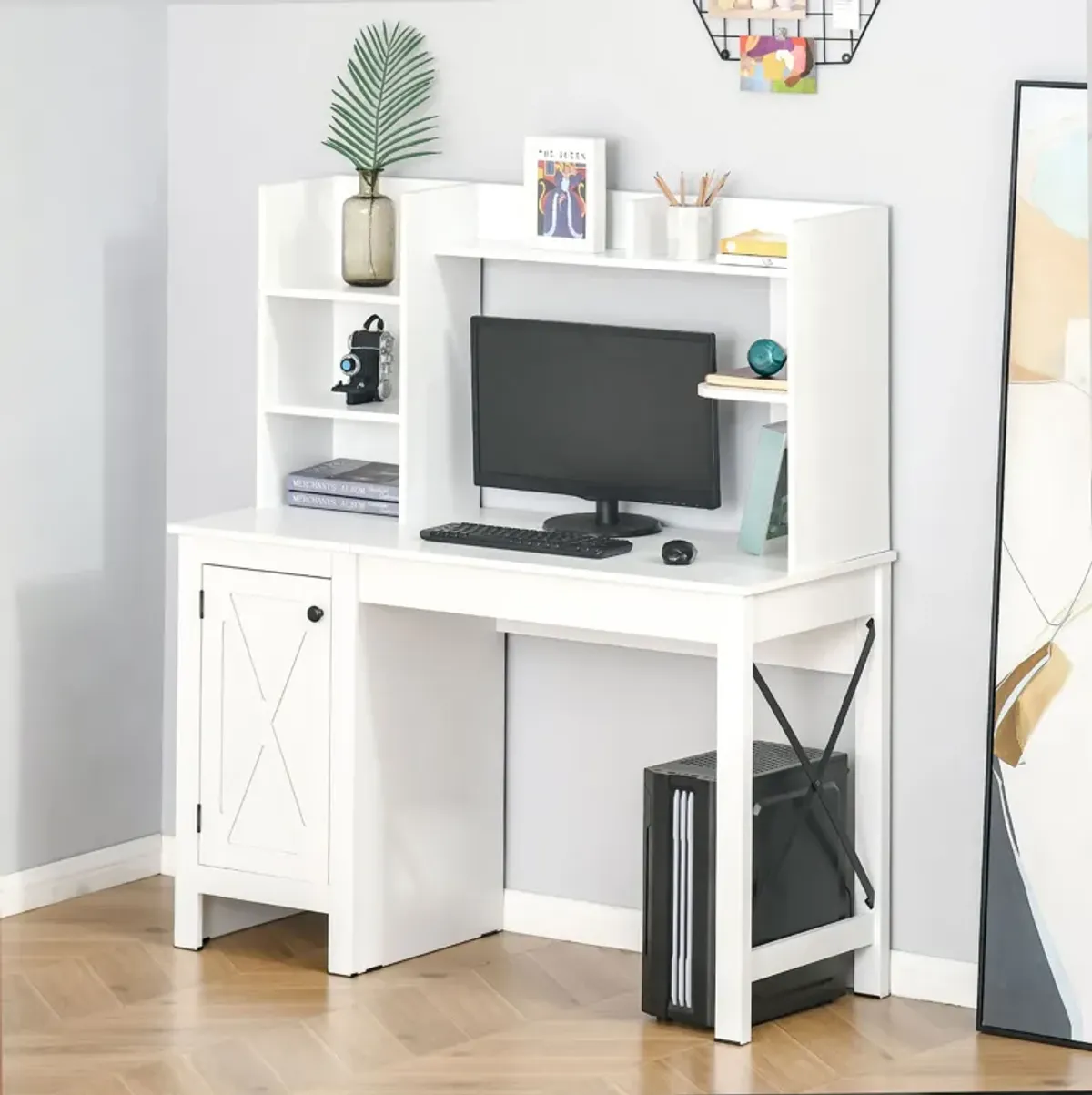 White Home Office: Computer Desk with Hutch and Storage