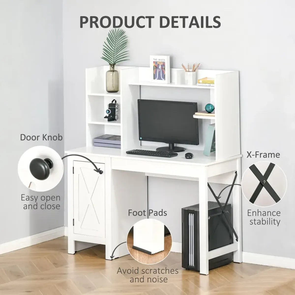 White Home Office: Computer Desk with Hutch and Storage