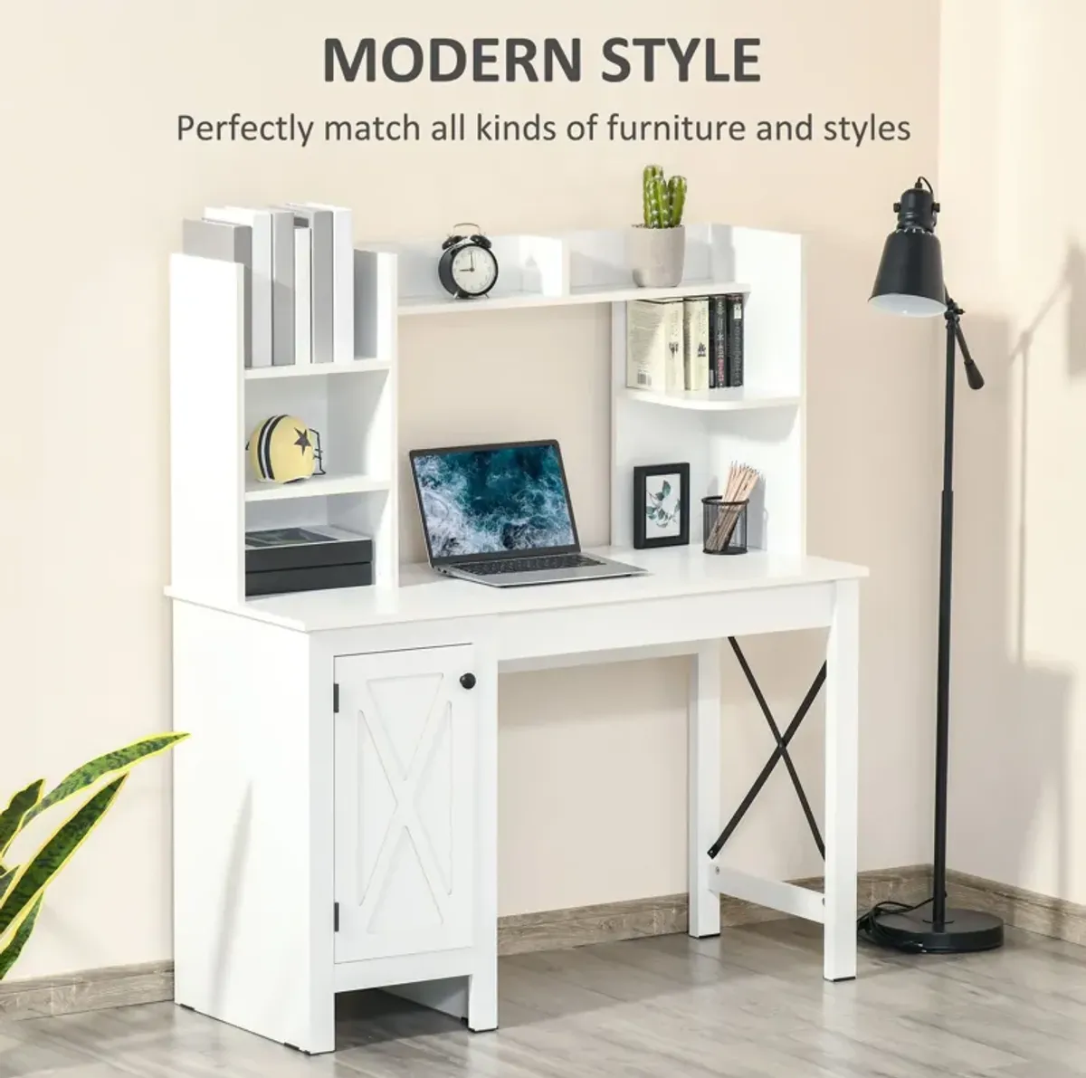 White Home Office: Computer Desk with Hutch and Storage