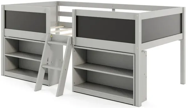 Kid Low Loft Bed with Chalkboard Ramp Ladder and Bookcases