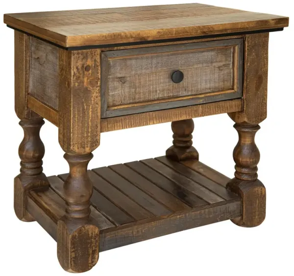 Benjara Sim 28 Inch Nightstand, 1 Drawer, Open Shelf, Distressed Pine Wood, Brown and Gray