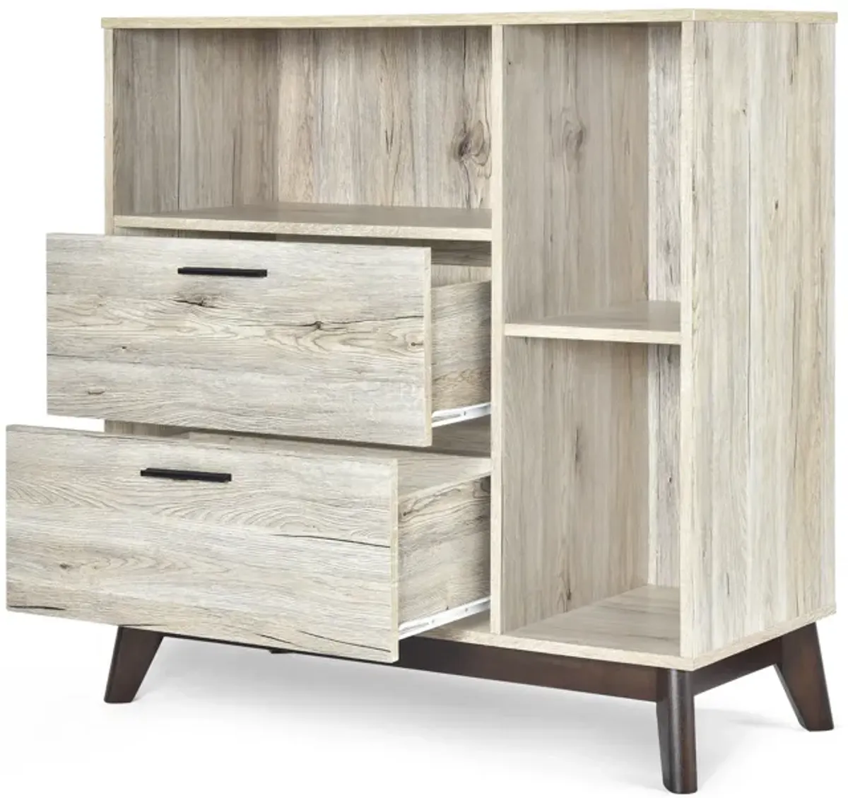 Bara Accent Cabinet 36 Inch, 3 Spaces, 2 Drawers, Rustic Beige, Brown - Benzara