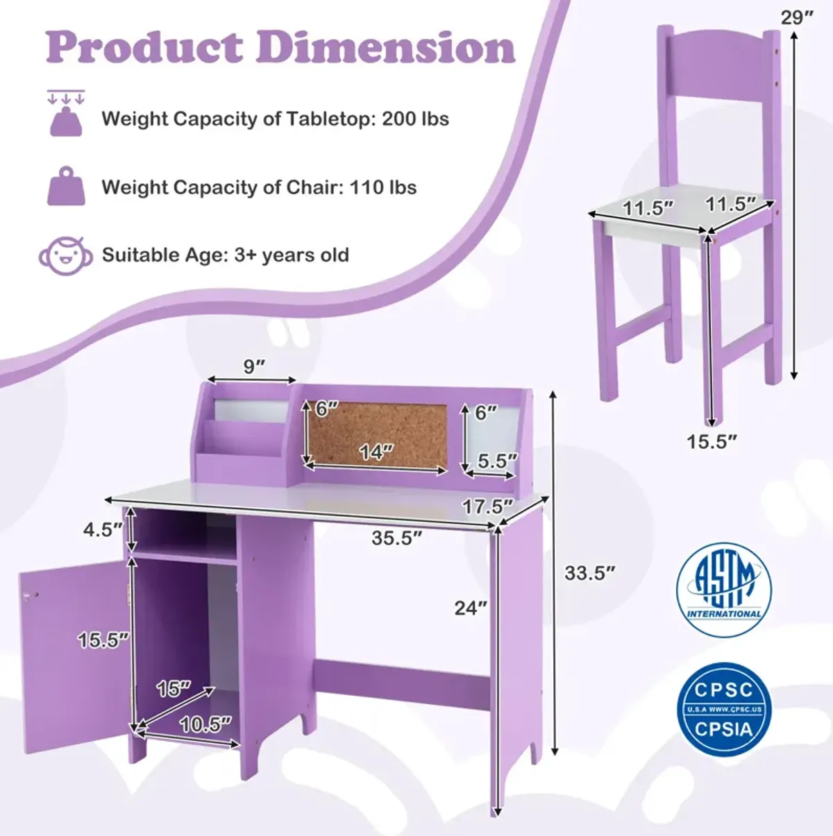 Kids Table and Chair Set for Arts  Crafts  Homework  Home School-Purple