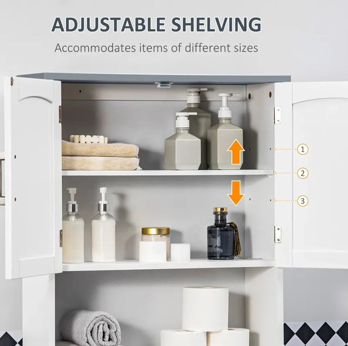 Modern Over The Toilet Storage Cabinet w/ Adjustable Shelf & Open Shelf Grey