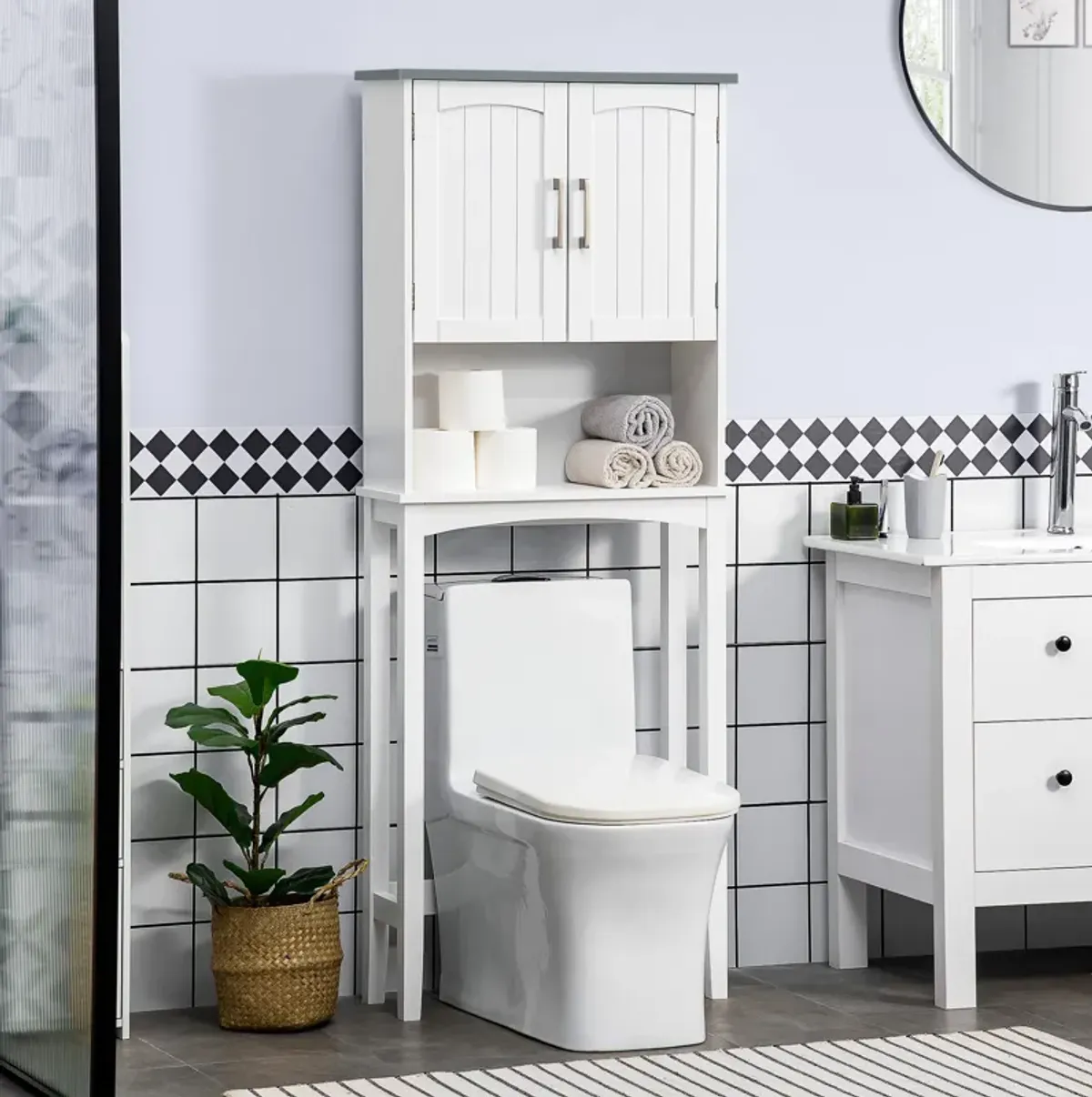 Modern Over The Toilet Storage Cabinet w/ Adjustable Shelf & Open Shelf Grey