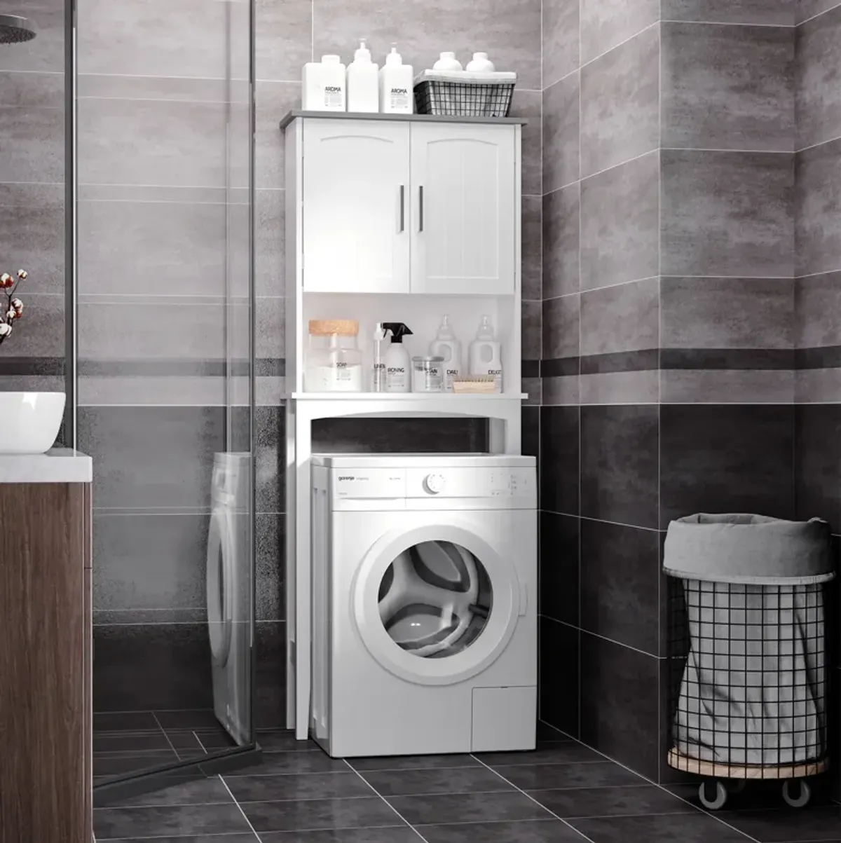 Modern Over The Toilet Storage Cabinet w/ Adjustable Shelf & Open Shelf Grey