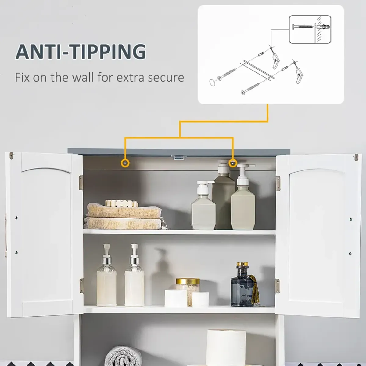 Modern Over The Toilet Storage Cabinet w/ Adjustable Shelf & Open Shelf Grey