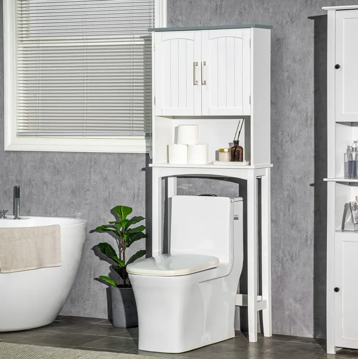 Modern Over The Toilet Storage Cabinet w/ Adjustable Shelf & Open Shelf Grey