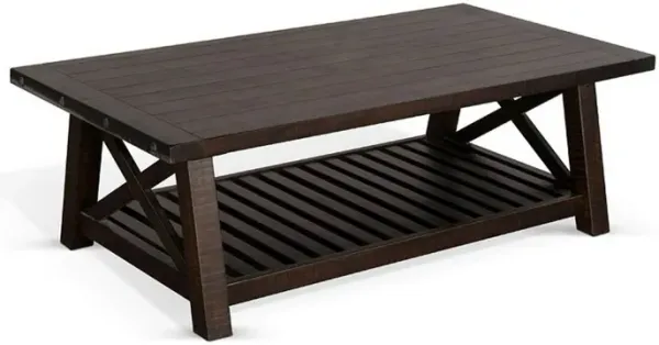 Anva Coffee Table, Dark Brown Mahogany, Shelf, Rectangular 52 Inch - Benzara