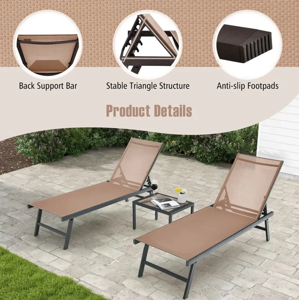 3 Pieces Patio Chaise Lounge Chair and Table Set for Poolside Yard