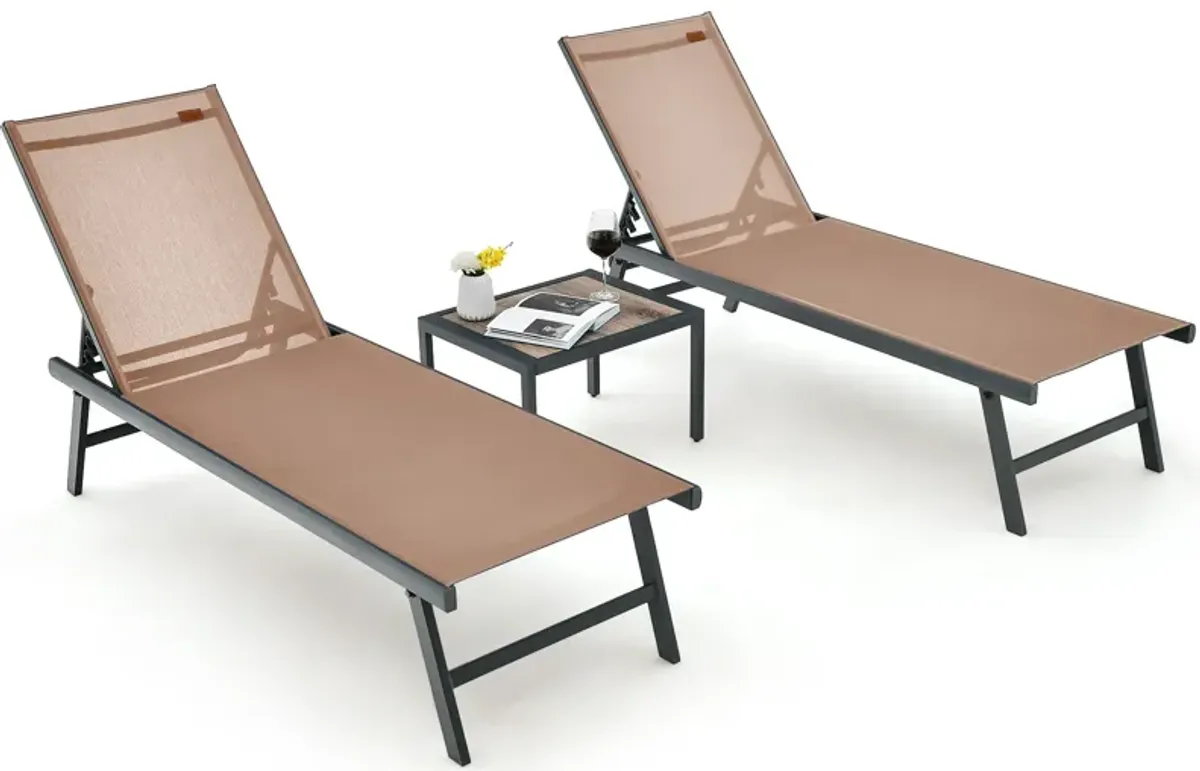 3 Pieces Patio Chaise Lounge Chair and Table Set for Poolside Yard